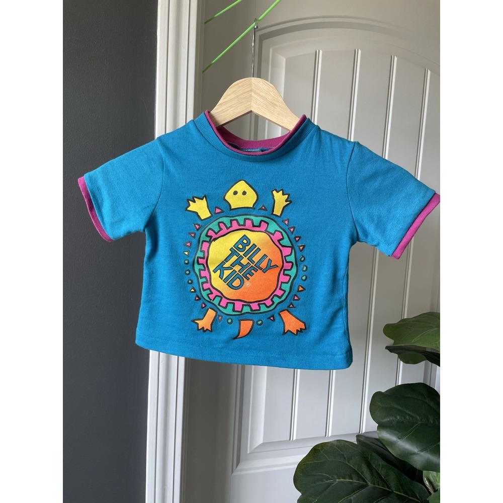 Rare Vintage 80s Billy The Kid Toddler Tee Neon Turtle Pop Art Double Collar 2T